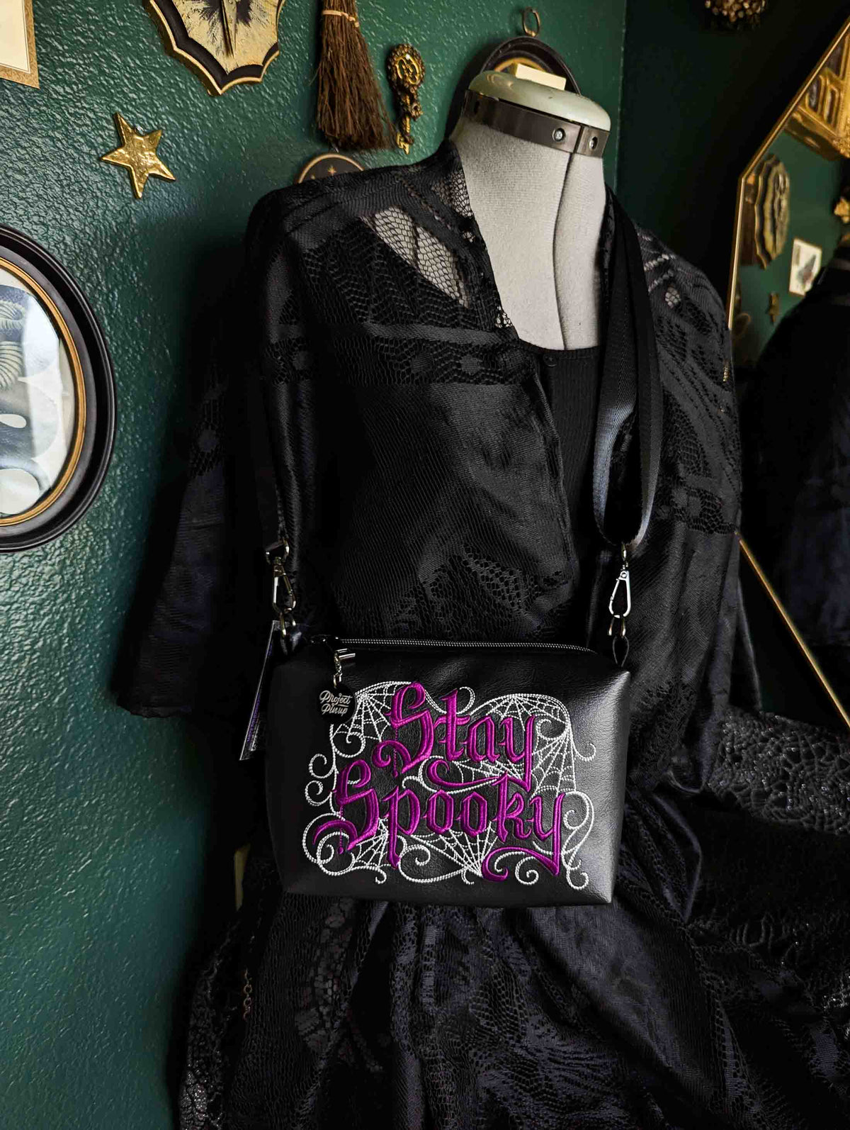 Black and Wine Stay Spooky Embroidered Small Crossbody Bag – Handmade, Vegan Leather, Gunmetal Hardware
