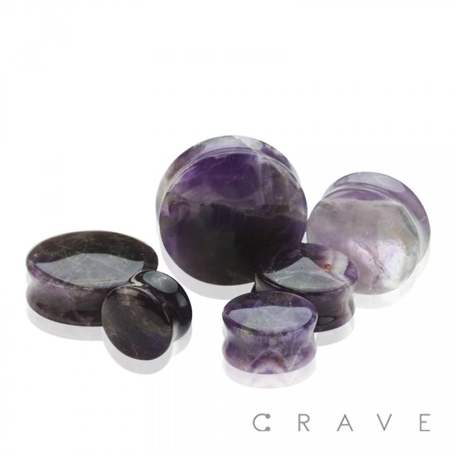 ROUND NATURAL AMETHYST STONE DOUBLE FLARED SADDLE PLUGS