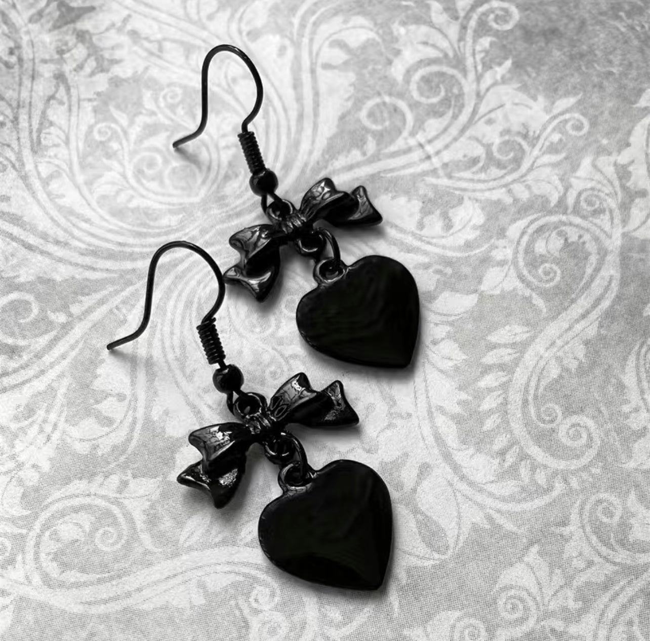 Black Gothic Bow Heart Dangle Earrings