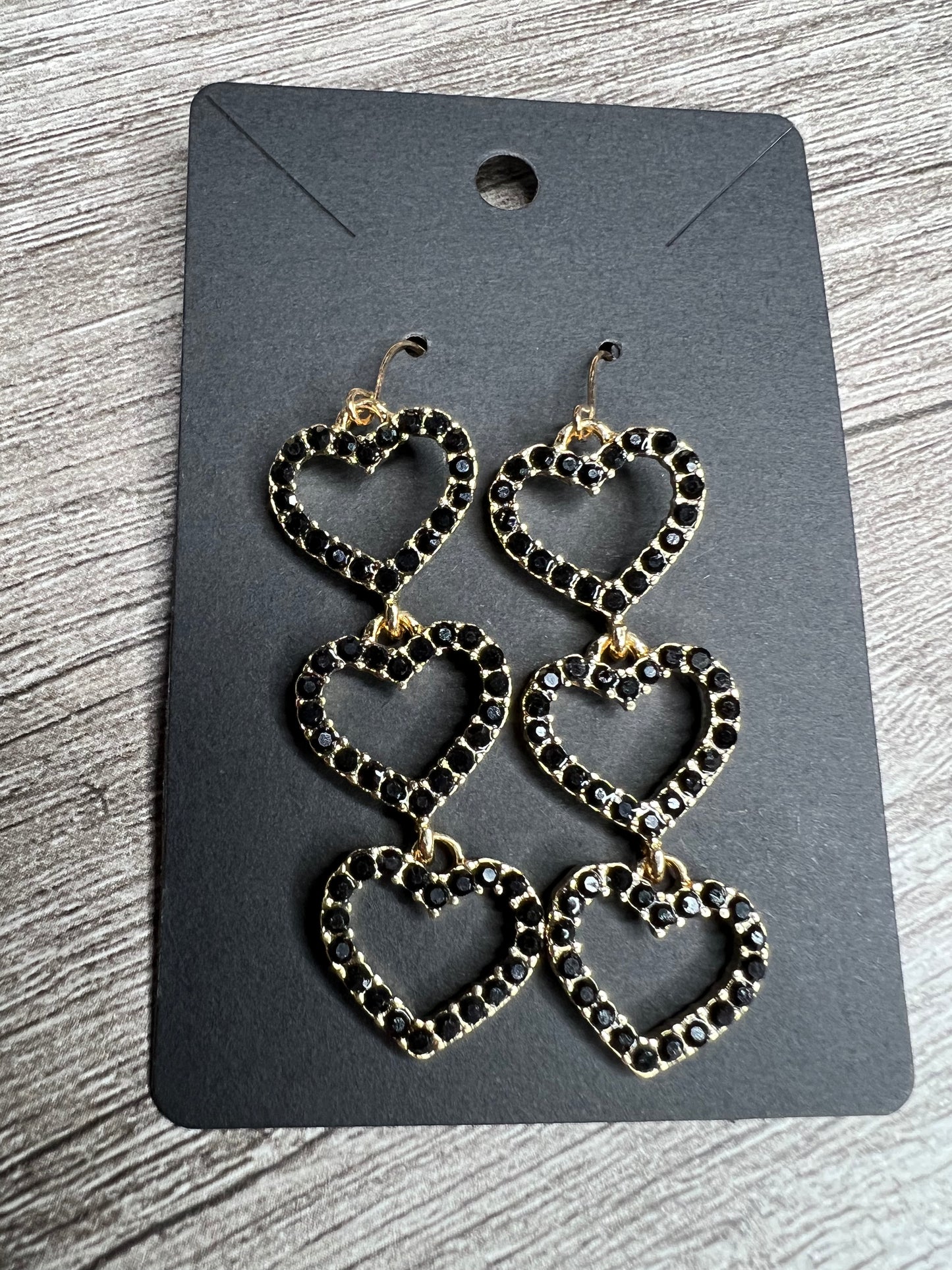 Black Rhinestone 3 Heart Earrings