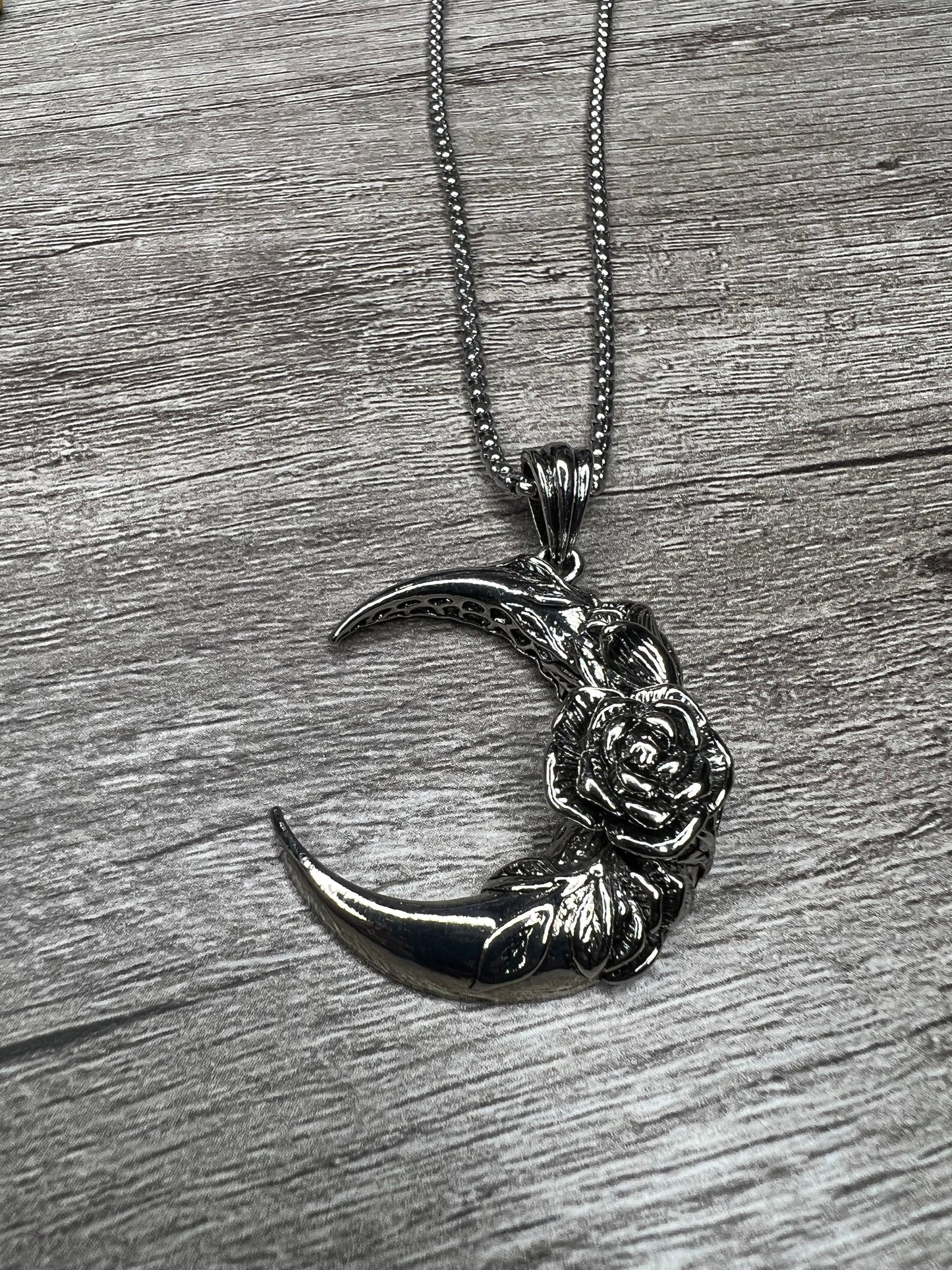 Gothic Crescent Moon Rose Necklace