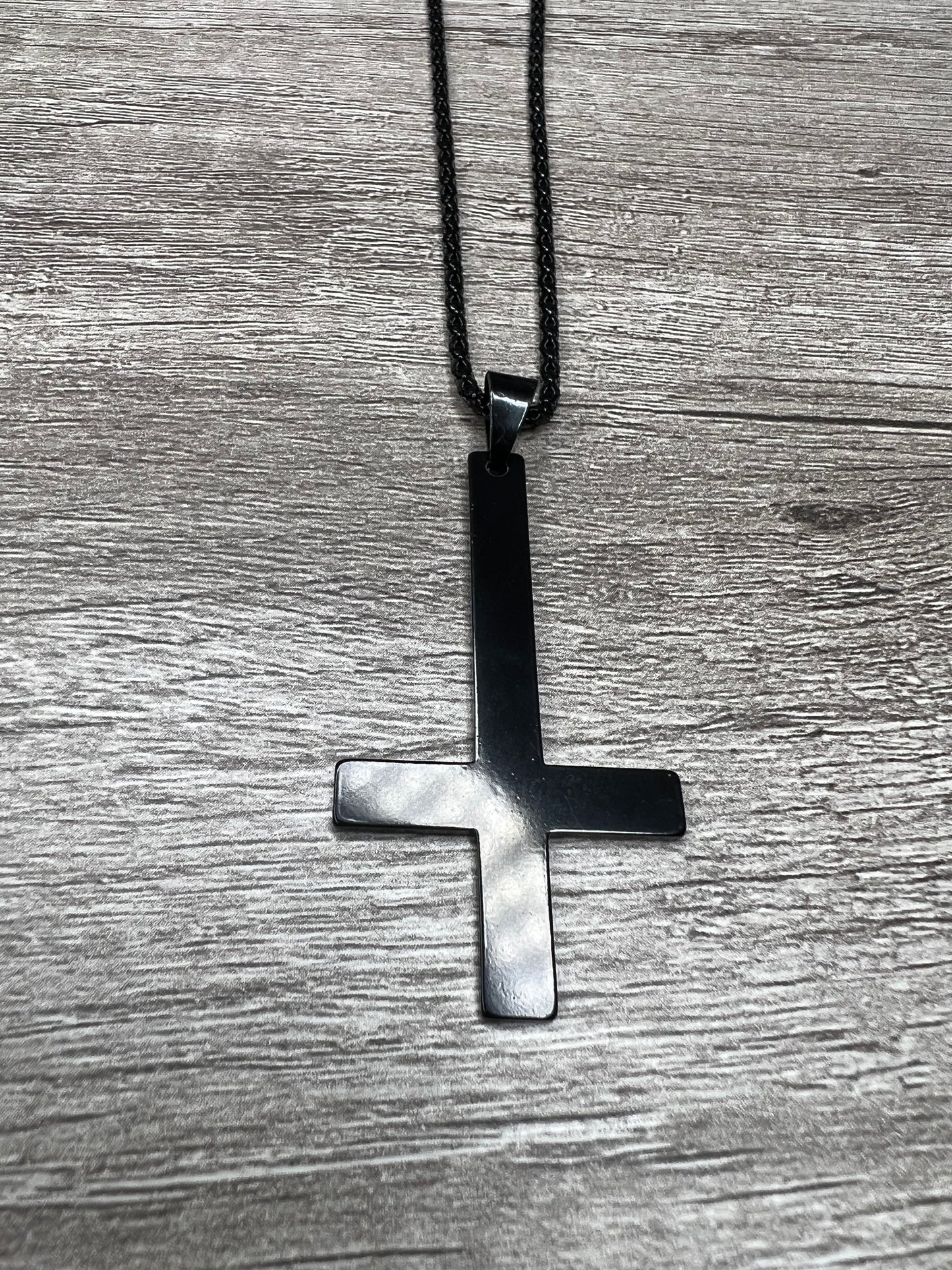 Simple Stainless Steel Inverted Cross Pendant Necklace — Shiny Black Finish