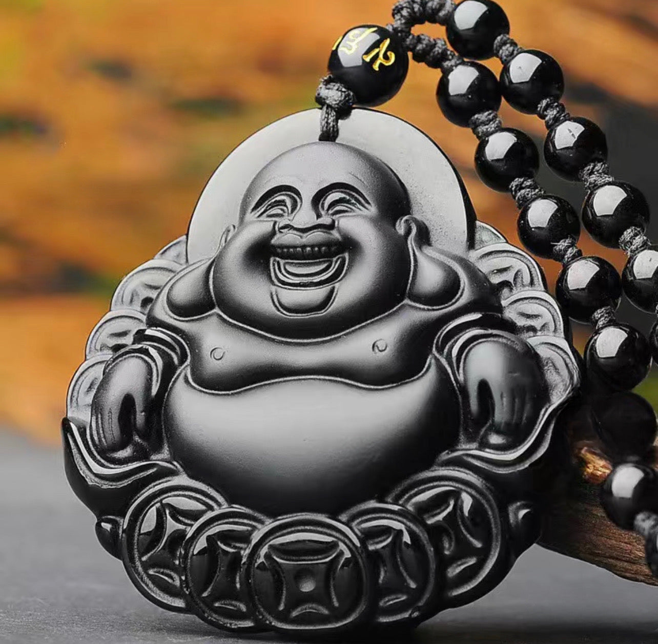 Natural Black Obsidian Buddha Necklace