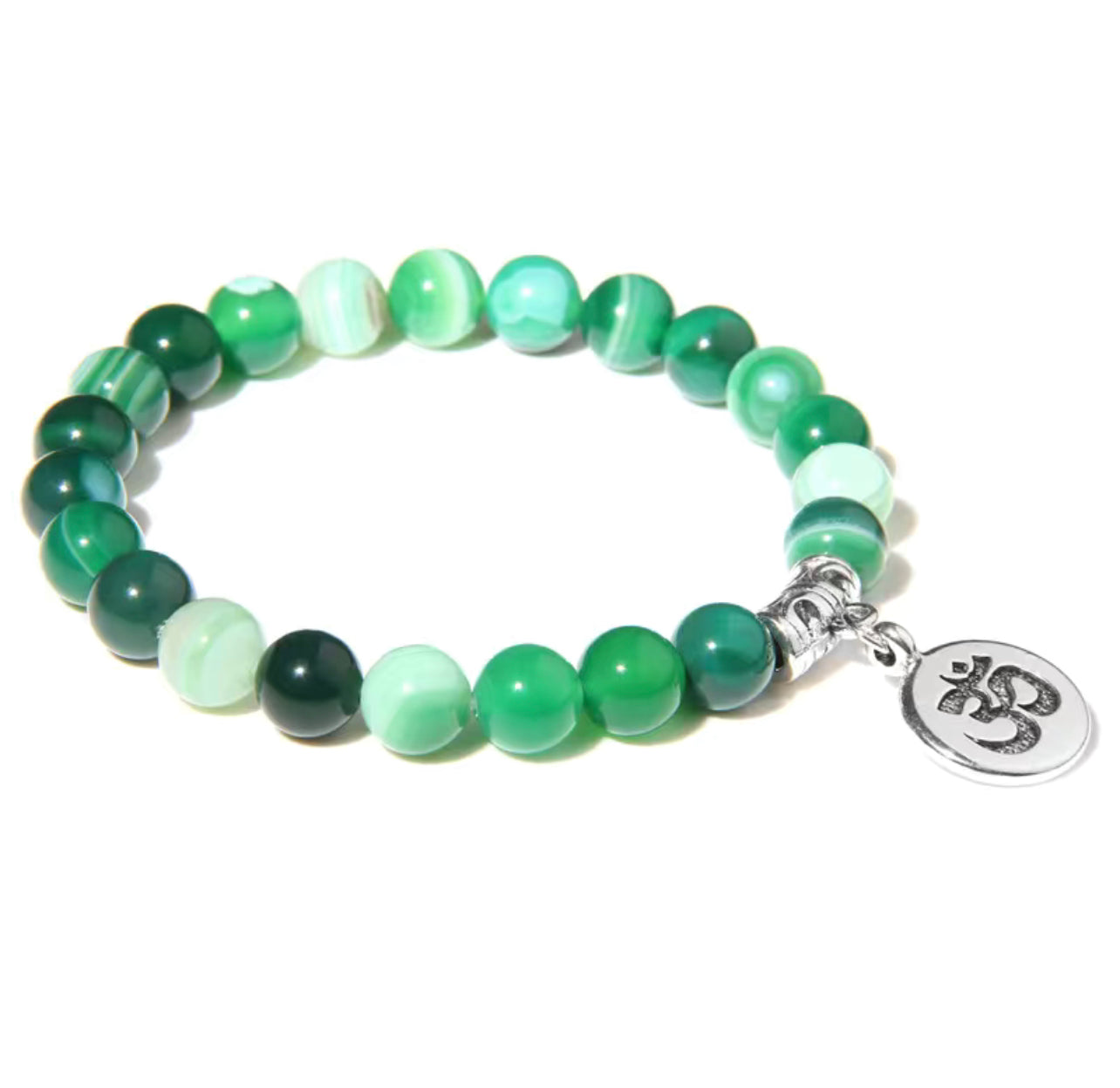 Natural Green Striped Agate "OM" Stretchy Bracelet