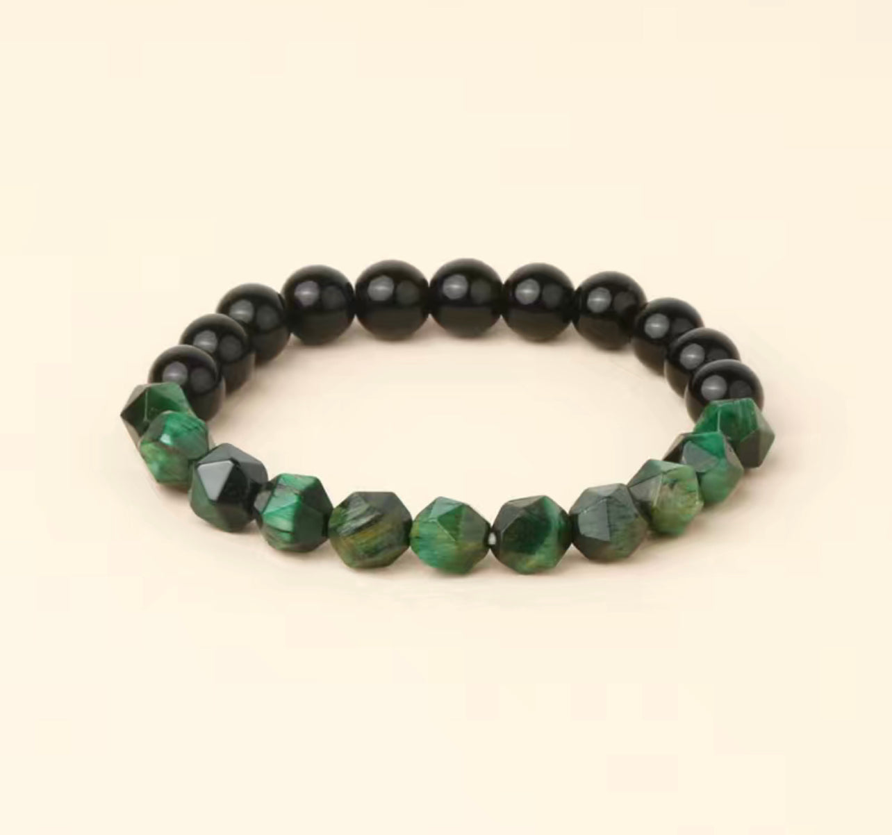 8mm Natural Stone Glossy Onyx & Green Tiger Eye Stretchy Bracelet