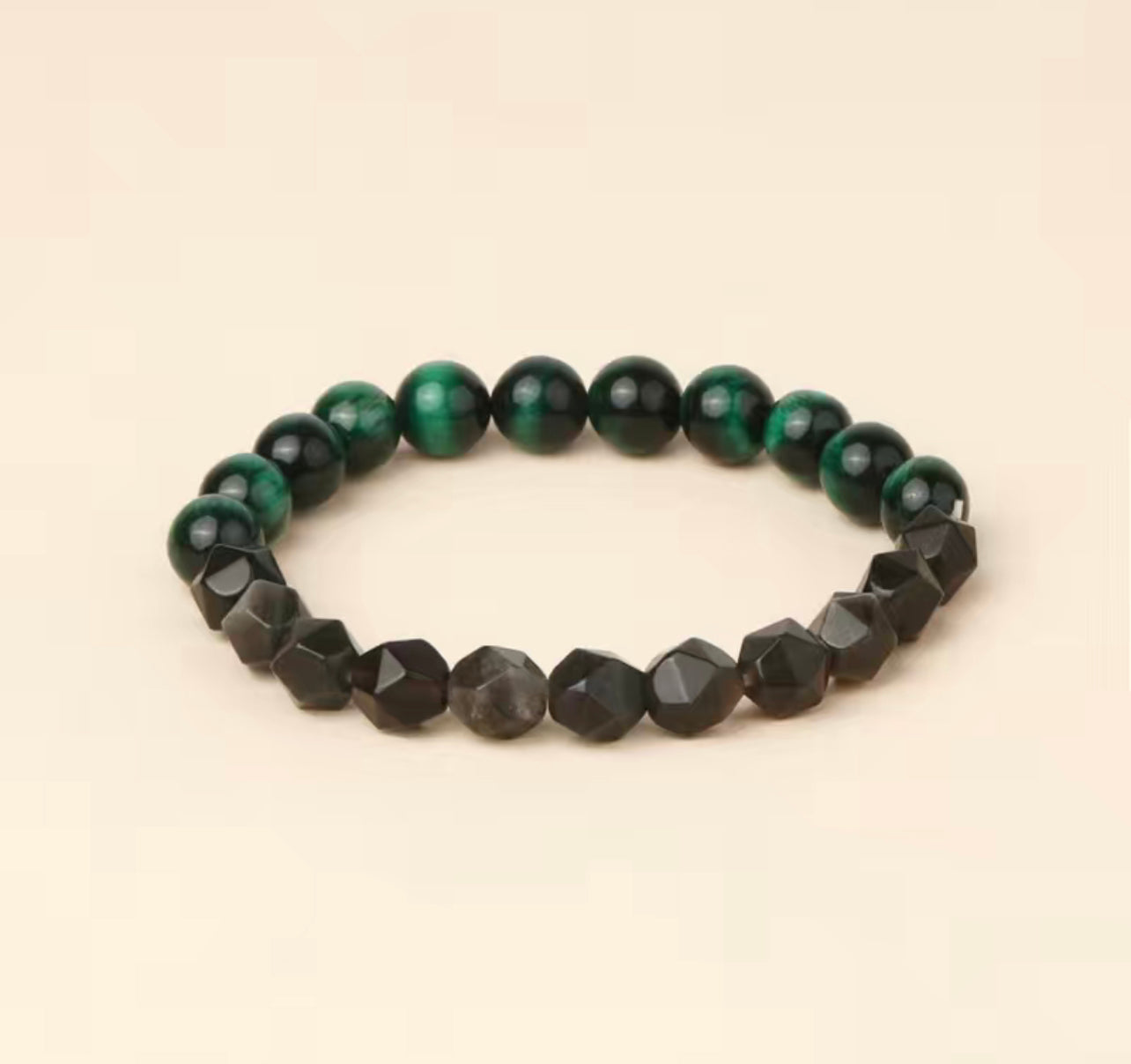 8mm Natural Stone Green Tiger Eye & Obsidian Stretchy Bracelet