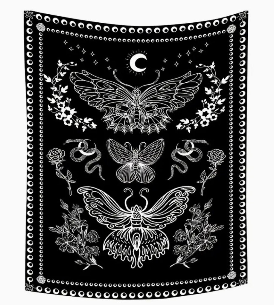 Black and White Moon Butterfly Tapestry 28.7" x 37.4"