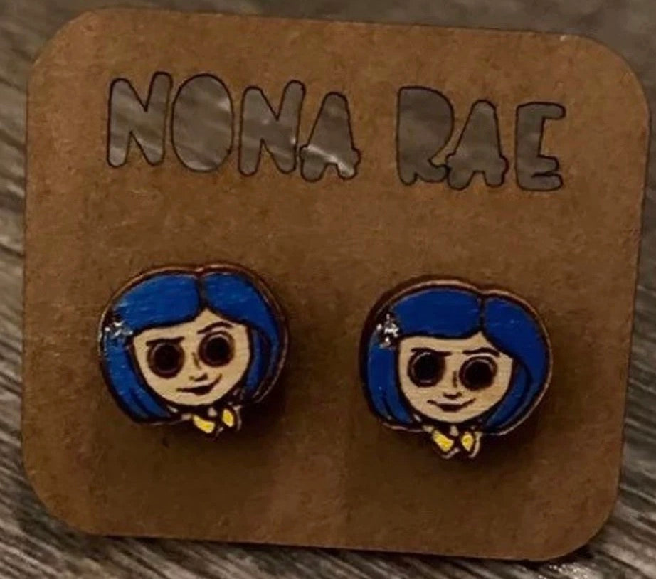 Coraline — Laser-Cut, Hand-Painted, Wooden Earrings — Lead and Nickel Free