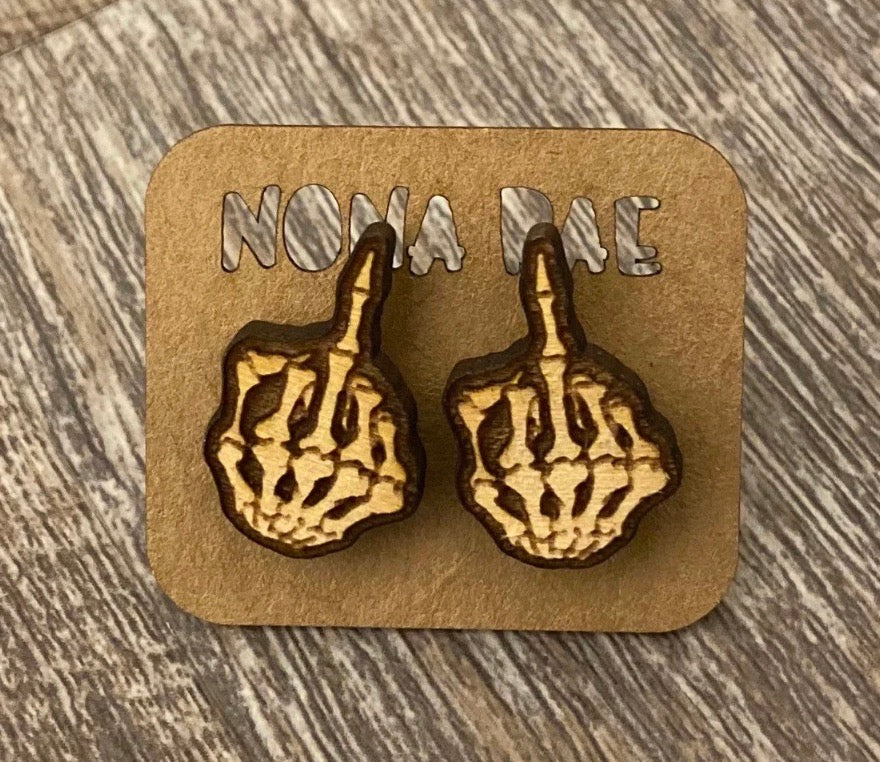 Skeleton F**K Y*U — Laser-Cut, Hand-Painted, Wooden Earrings — Lead and Nickel Free