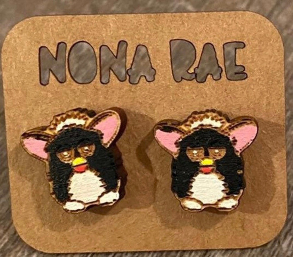 Black Furby — Laser-Cut, Hand-Painted, Wooden Earrings — Lead and Nickel Free