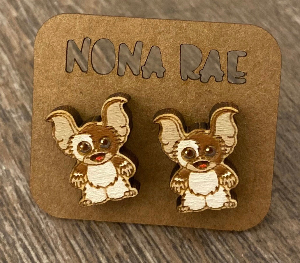 Gizmo — Laser-Cut, Hand-Painted, Wooden Earrings — Lead and Nickel Free