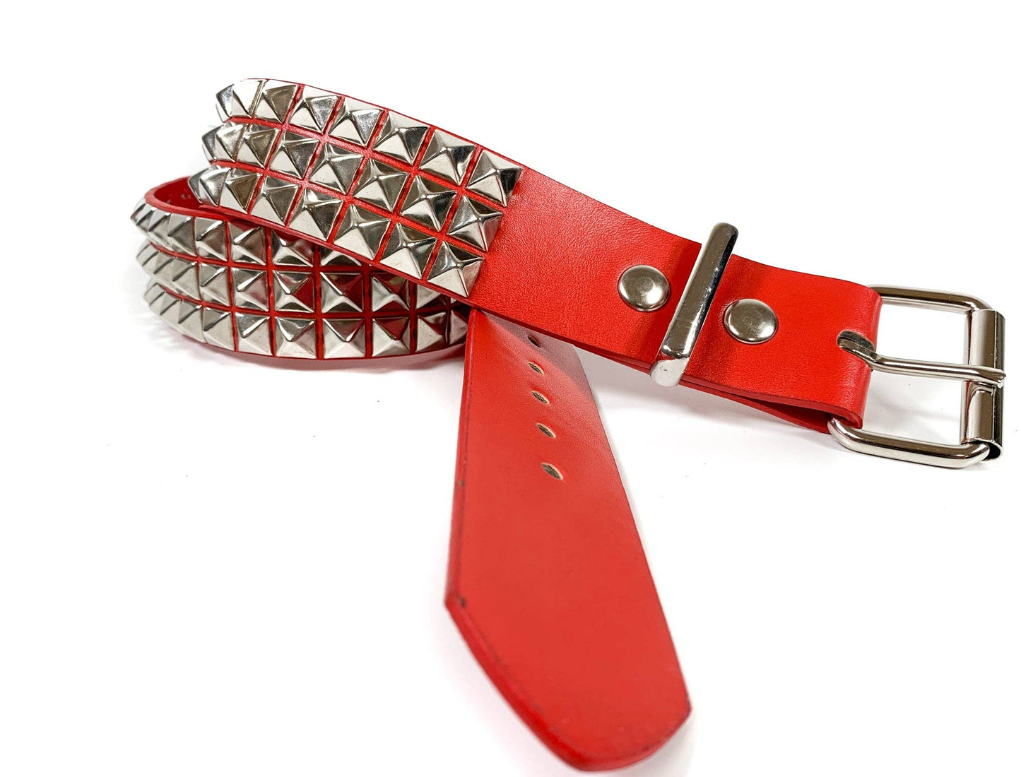 BT104M-RED MATTE 3 ROW 1/2" PYRAMID STUD VEGAN LEATHER BELT