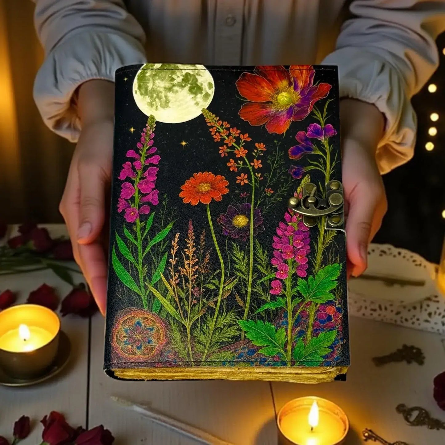 Moonlight Floral Leather Journal Handmade Book of Shadows