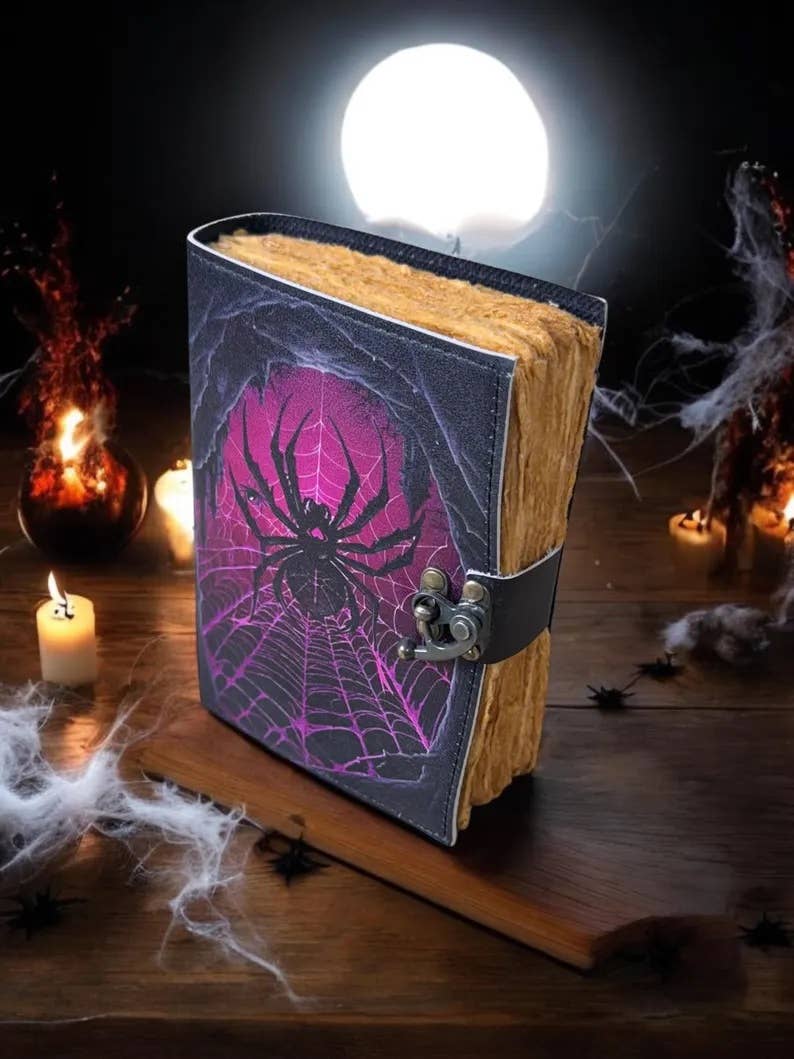 Grimoire vintage leather journal, spider Print Journal