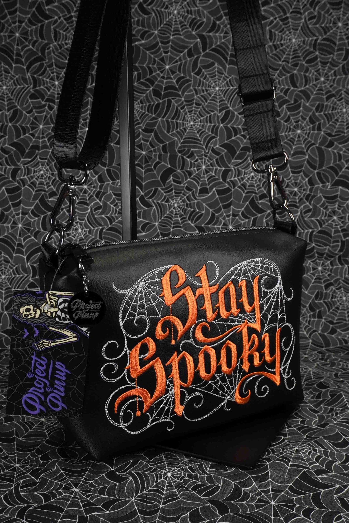 Black and Orange Stay Spooky Embroidered Small Crossbody Bag –  Handmade, Vegan Leather, Gunmetal Hardware