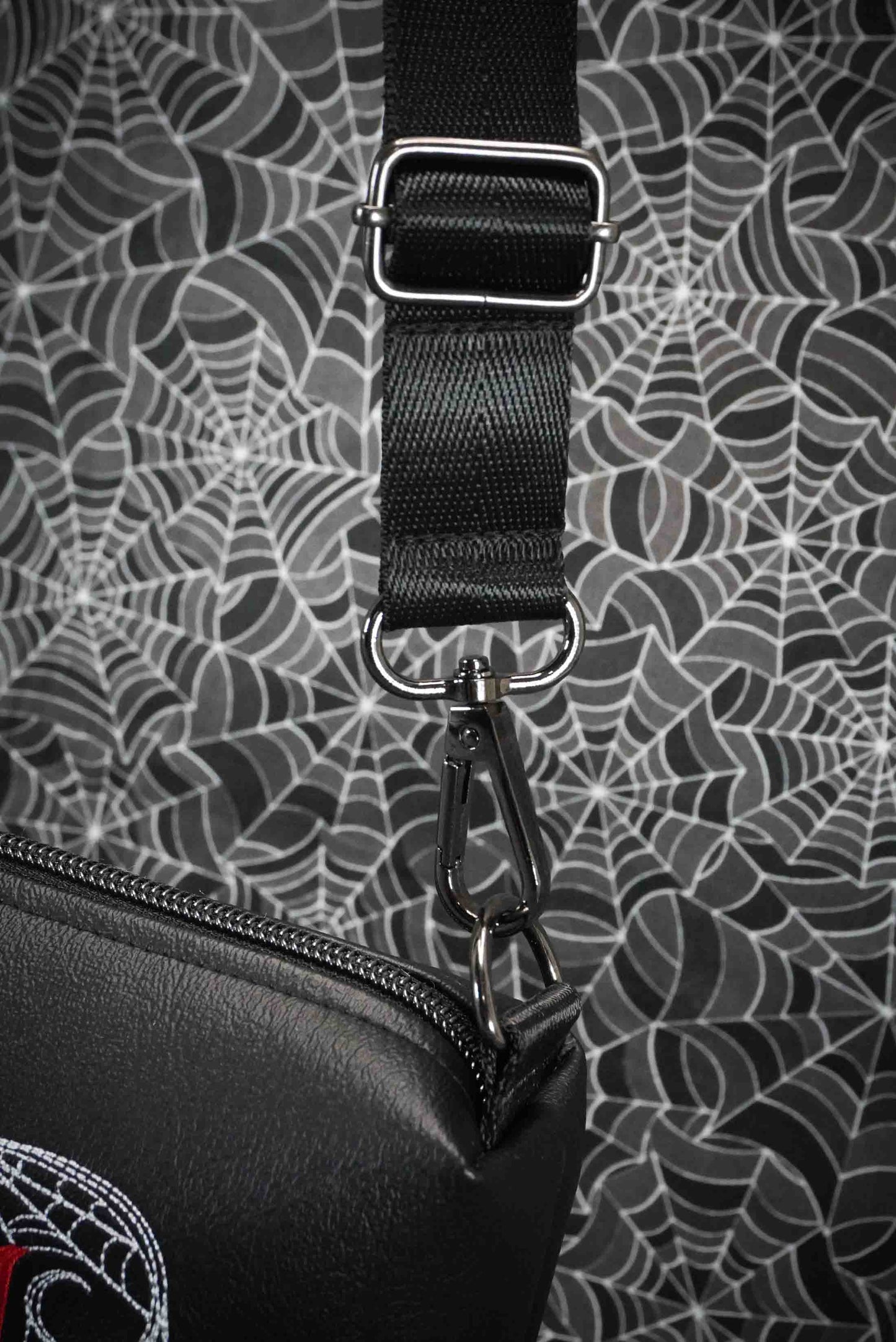 Black and Red Stay Spooky Embroidered Small Crossbody Bag –  Handmade, Vegan Leather, Gunmetal Hardware