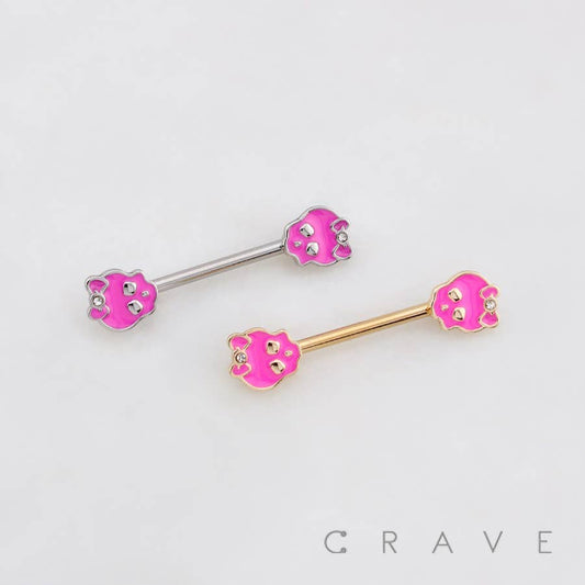 Pink Skull & Bow Nipple Barbell – 14G Surgical Steel