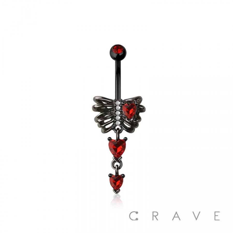 316L SURGICAL STEEL MULTI CZ RIB CAGE HEART DANGLE BELLY