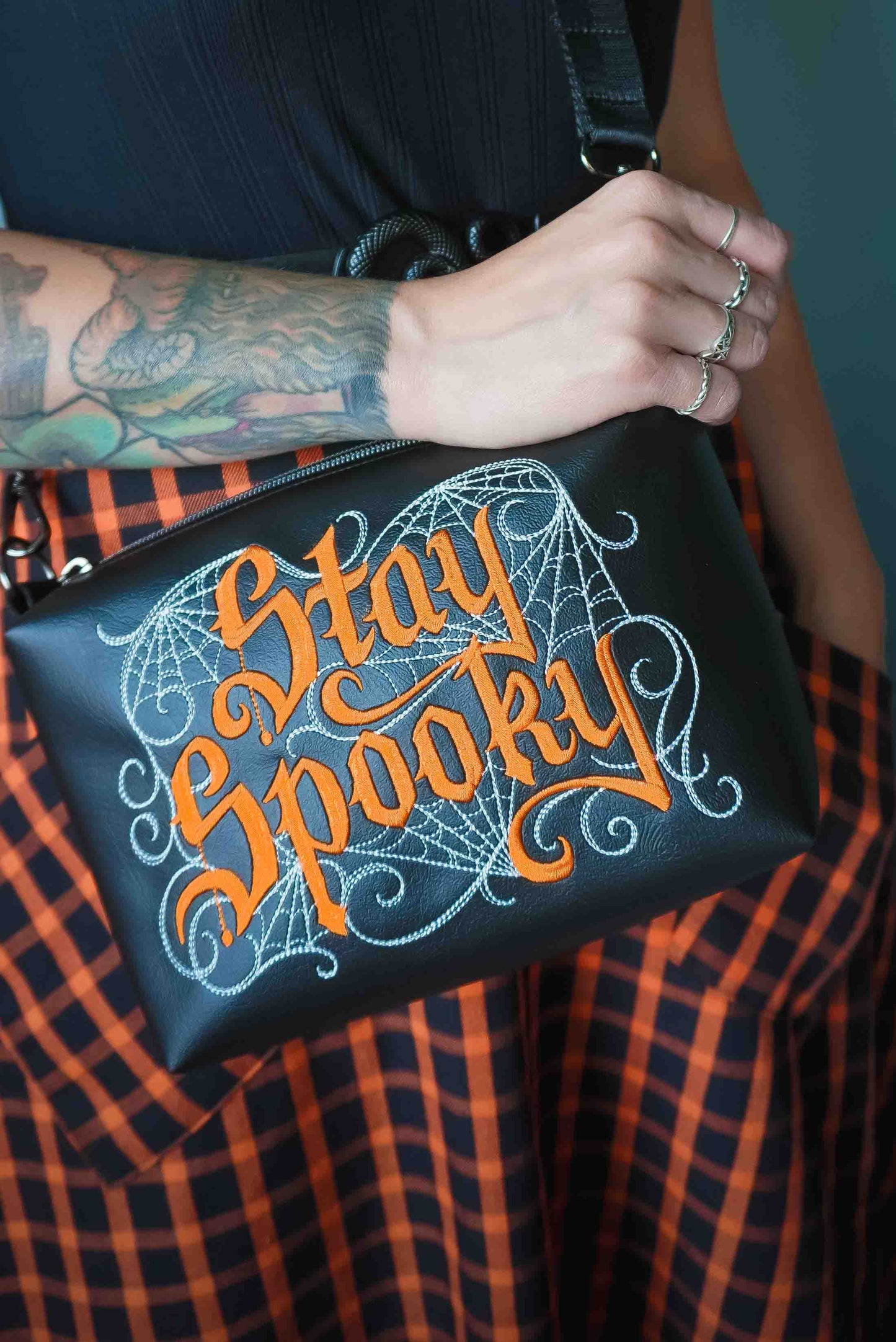 Black and Orange Stay Spooky Embroidered Small Crossbody Bag –  Handmade, Vegan Leather, Gunmetal Hardware