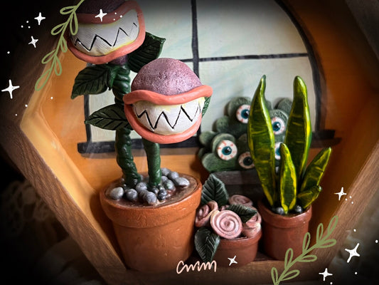 Creepy Conservatory Shadow Box | Spooky Cute Plants Clay Sculpture | Plant Wall Hanging or Desk Decor | Carnivorous Plant Room Shadowbox