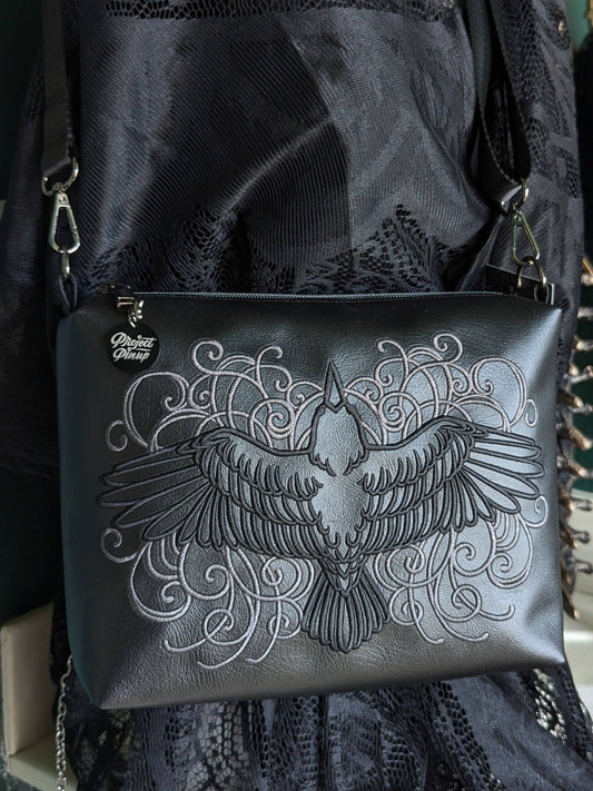 Filigree Raven Black Medium Crossbody Bag - Gunmetal Hardware, Embroidered Purse, Vegan Leather
