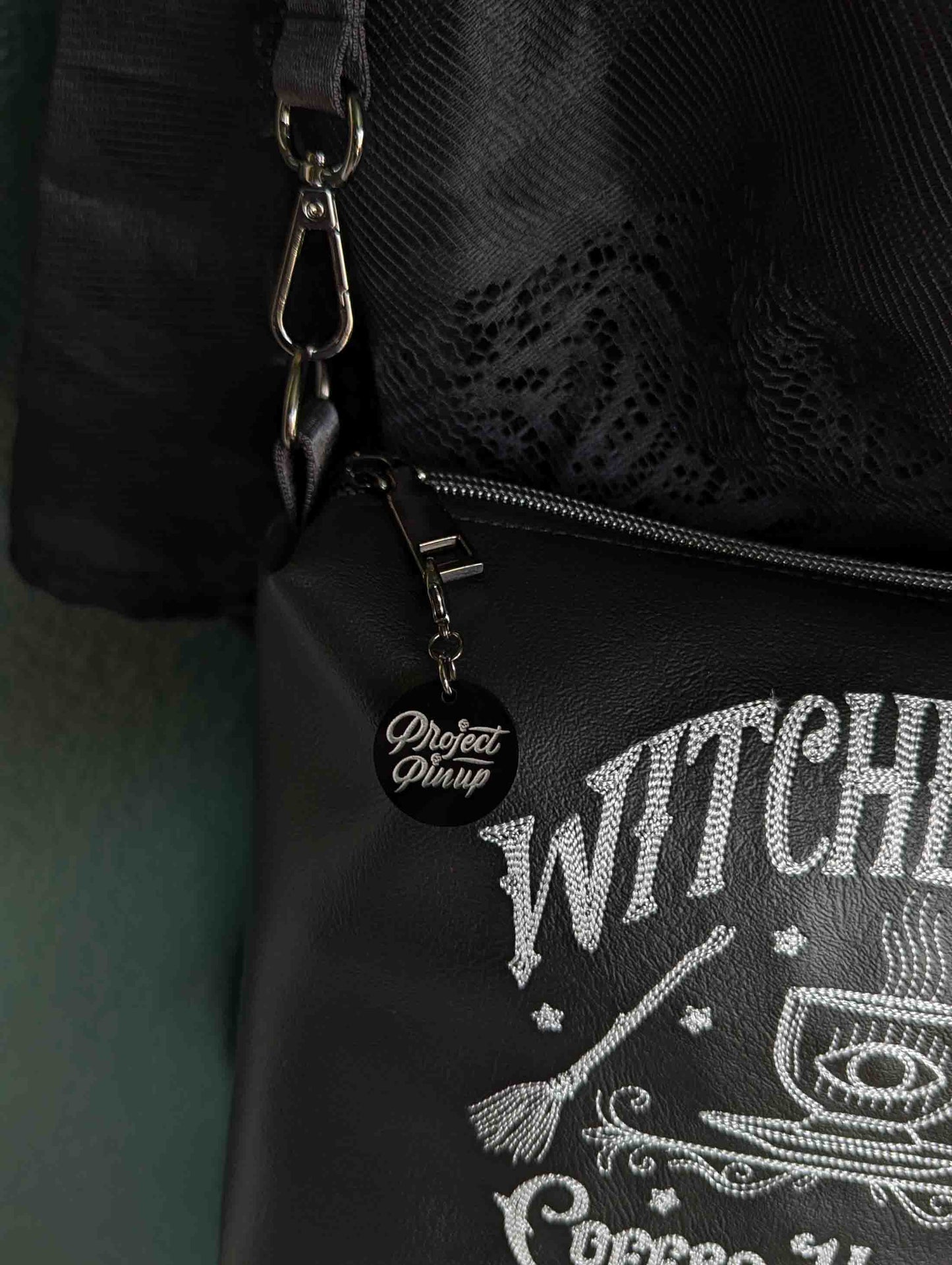 Witches Brew Coffee Black Medium Crossbody Bag - Gunmetal Hardware, Embroidered Purse, Vegan Leather