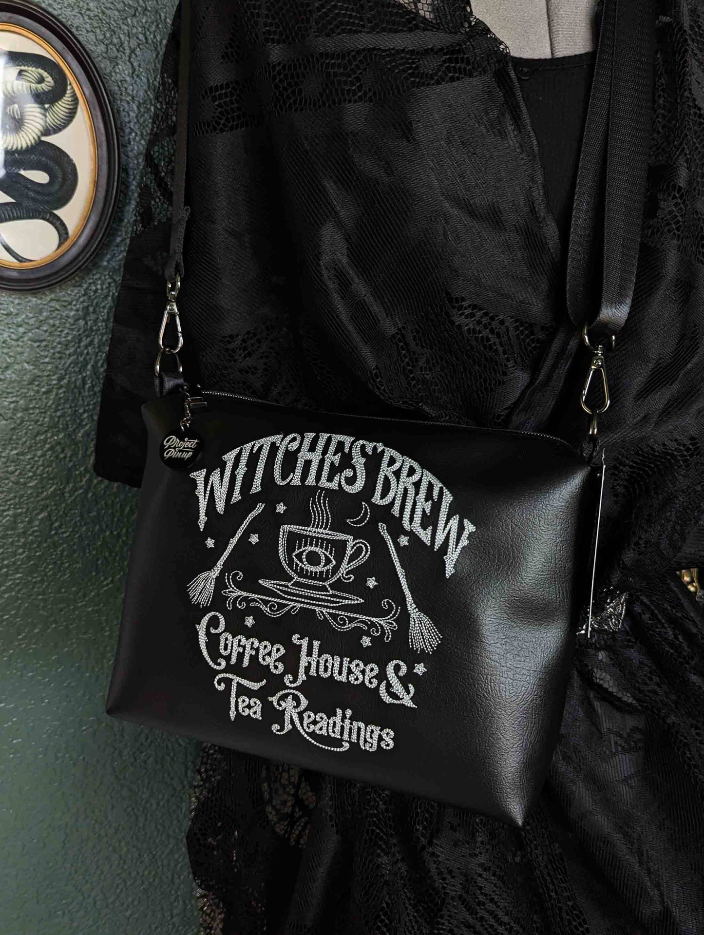 Witches Brew Coffee Black Medium Crossbody Bag - Gunmetal Hardware, Embroidered Purse, Vegan Leather