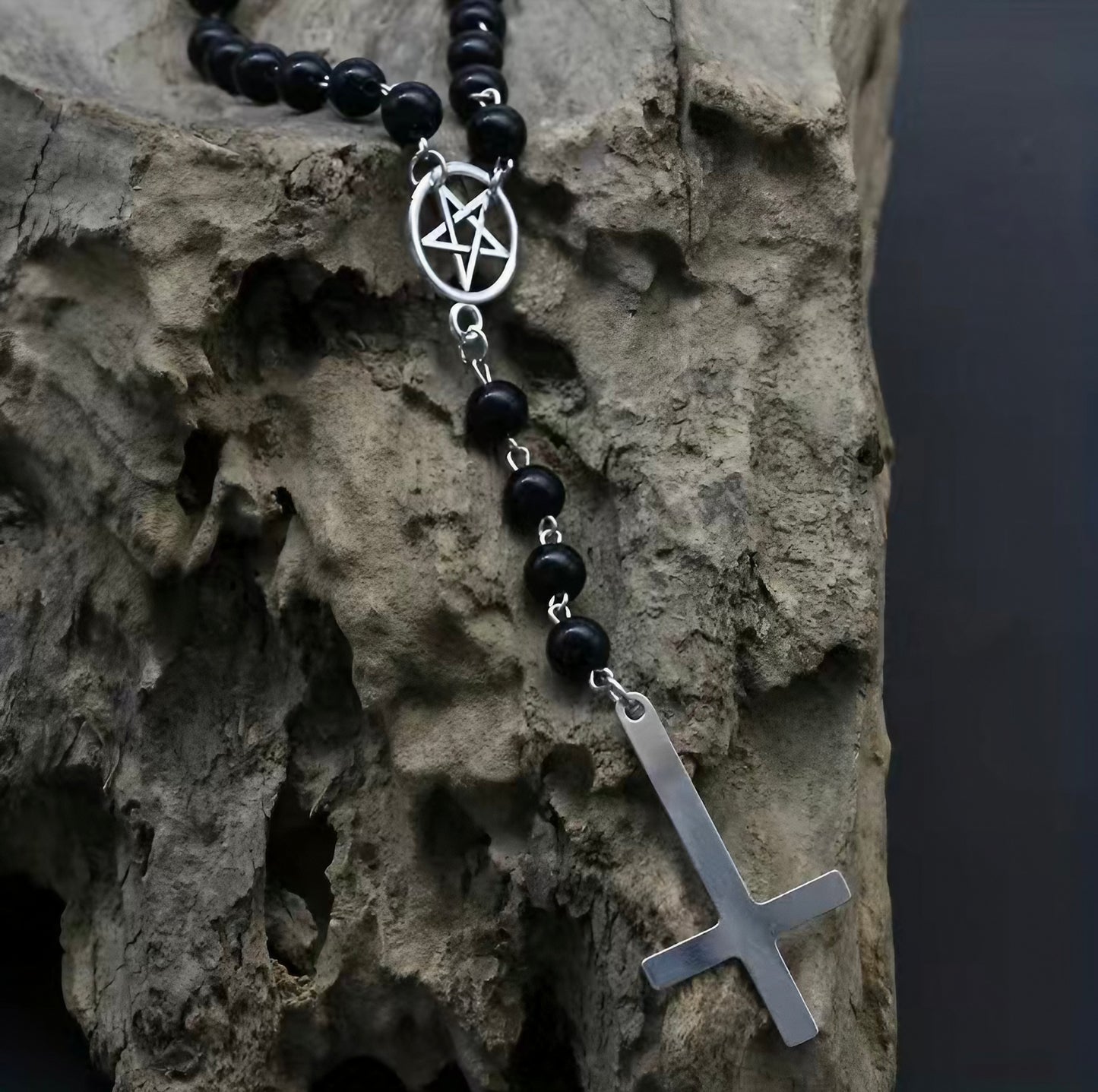 Gothic Inverted Cross Rosary Necklace
