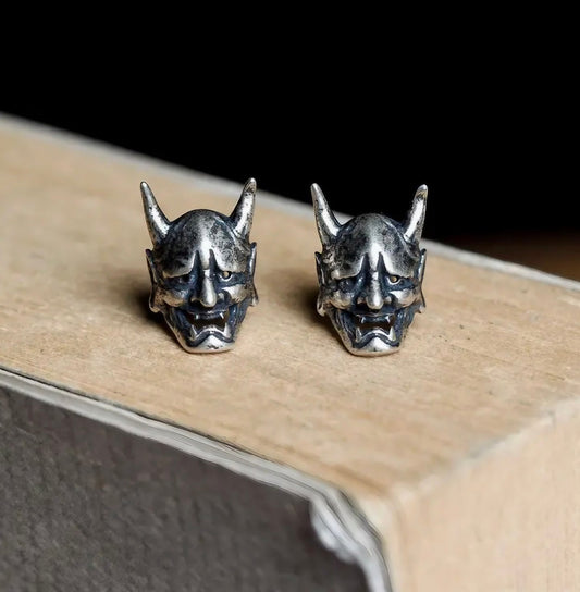 Silver Gothic Warrior Ghost Mask Earrings