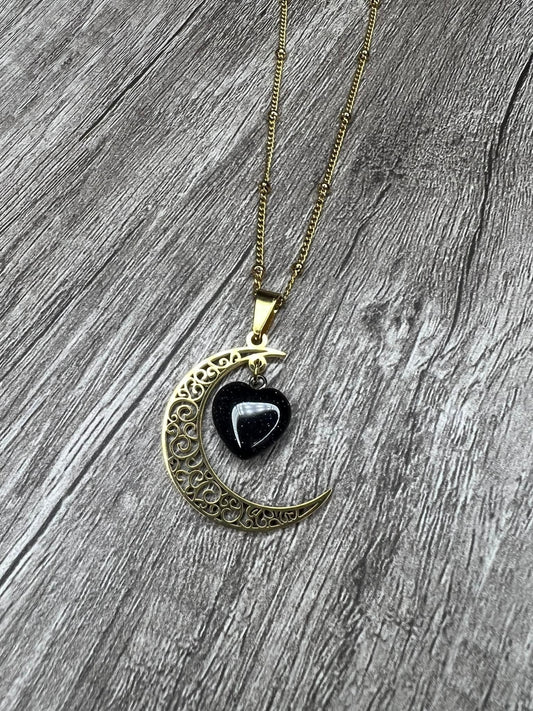 Gold Stainless Steel Natural Blue Sandstone Moon Necklace