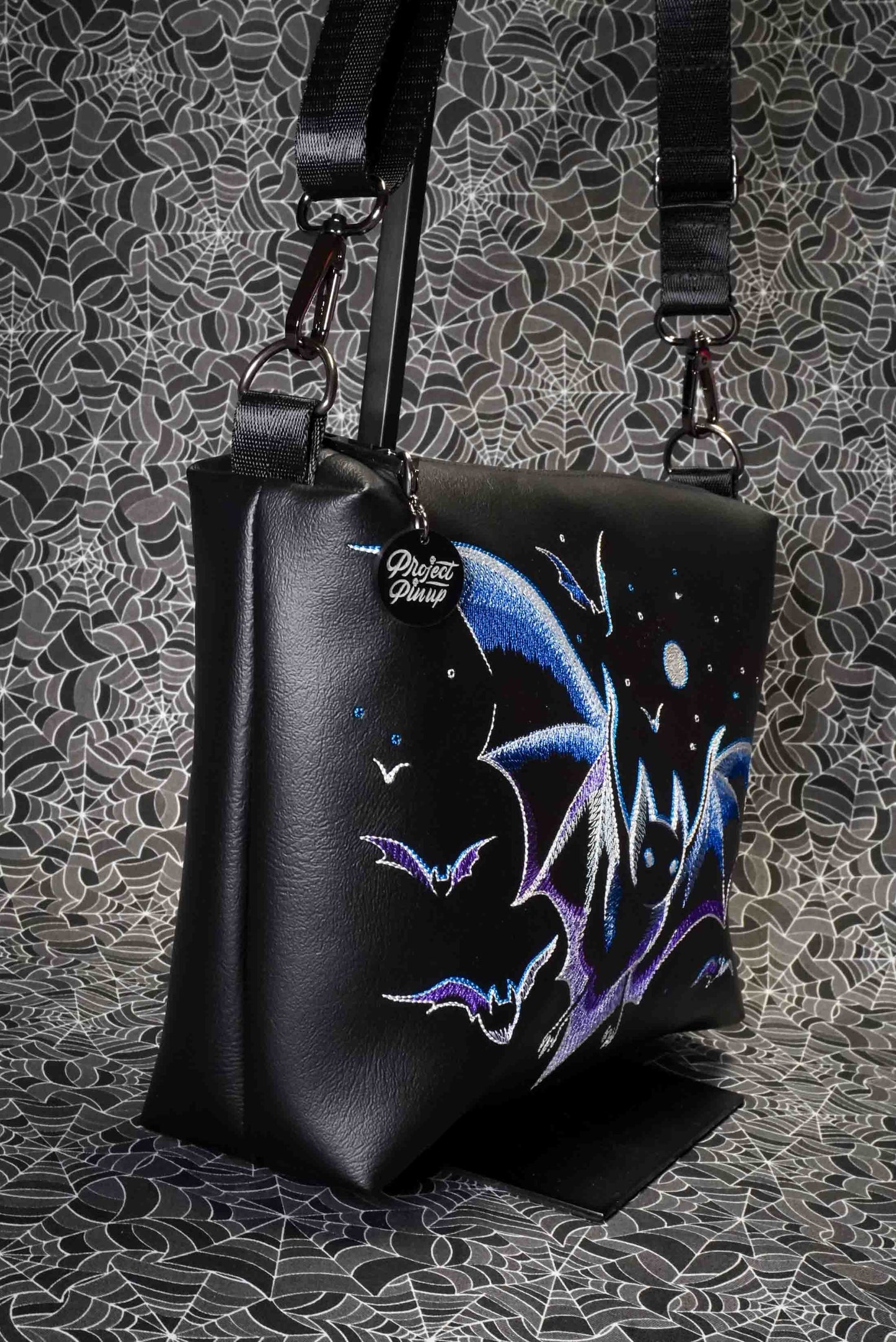 Purple and Blue Bats Black Medium Crossbody Bag - Gunmetal Hardware, Embroidered Purse, Vegan Leather