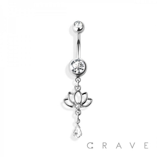 Silver Lotus Flower Dangle Belly Button Ring – 14G Surgical Steel