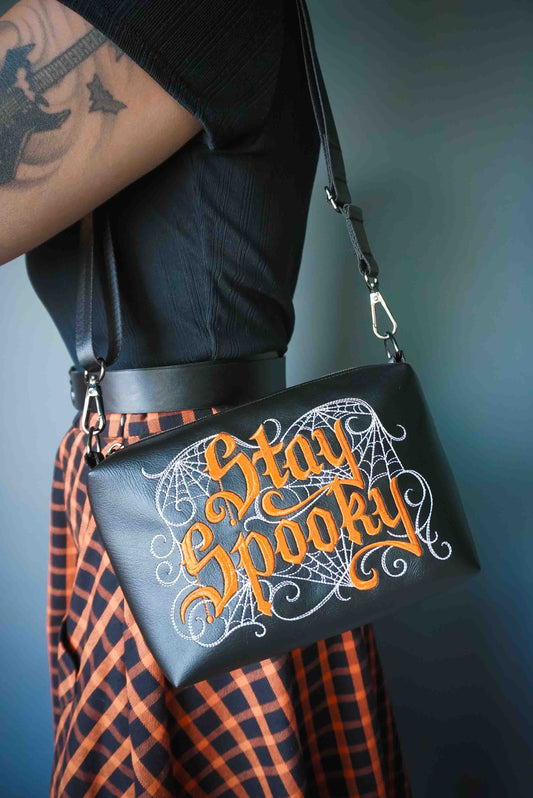 Black and Orange Stay Spooky Embroidered Small Crossbody Bag –  Handmade, Vegan Leather, Gunmetal Hardware