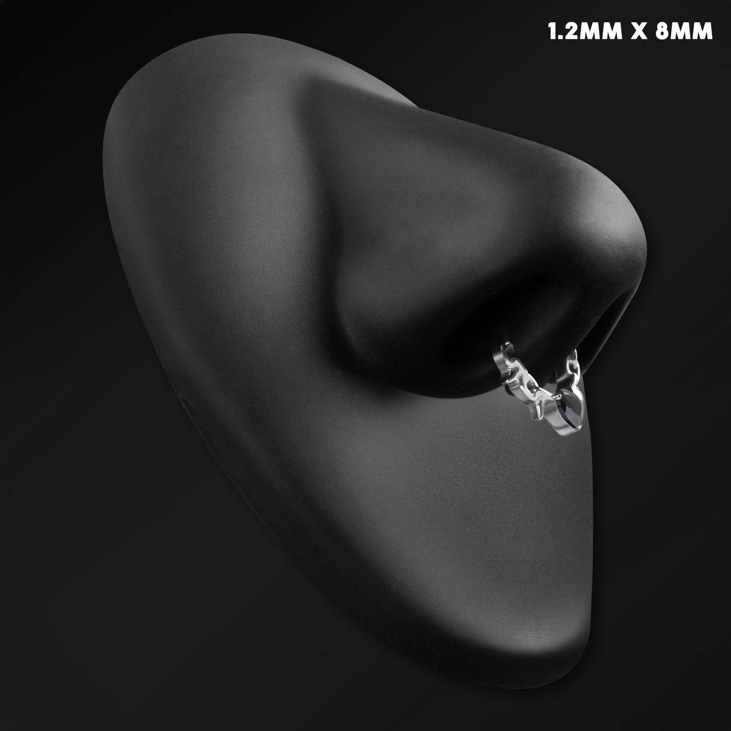 Septum Clicker, Silver Spiked Chain, Black Jewelled Heart, ASTM F136 Titanium