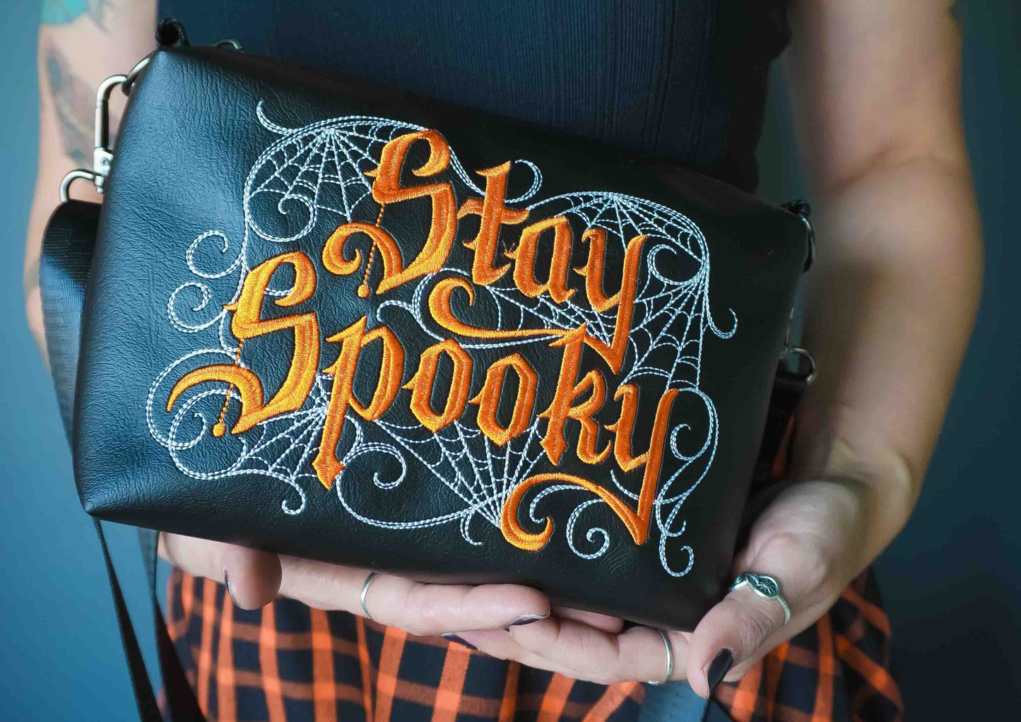 Black and Orange Stay Spooky Embroidered Small Crossbody Bag –  Handmade, Vegan Leather, Gunmetal Hardware