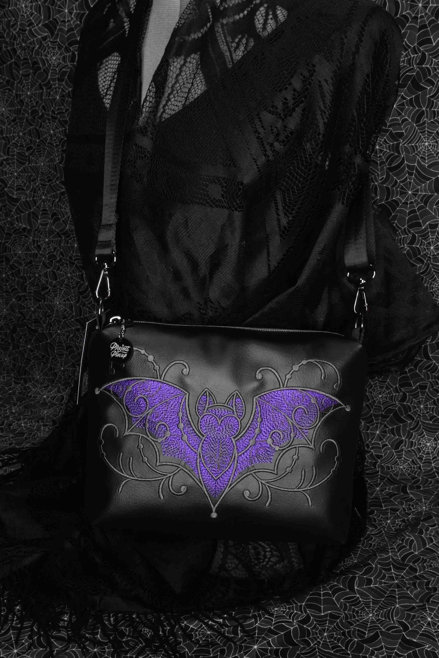 Purple Filigree Bat Medium Crossbody Bag - Gunmetal Hardware, Embroidered Purse, Vegan Leather