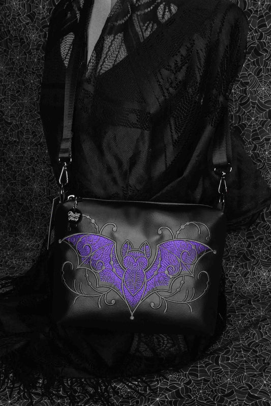 Purple Filigree Bat Medium Crossbody Bag - Gunmetal Hardware, Embroidered Purse, Vegan Leather