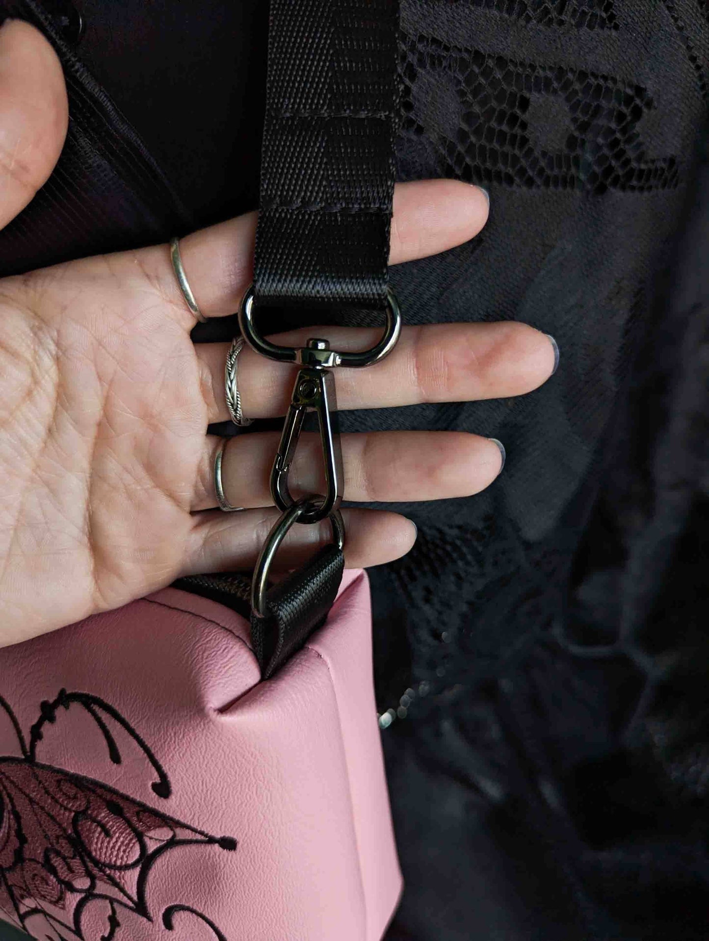 Light Pink Filigree Bat Embroidered Small Crossbody Bag – Handmade, Vegan Leather, Gunmetal Hardware