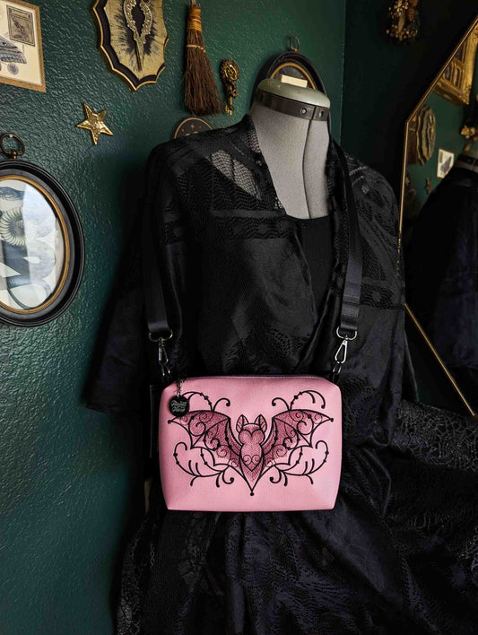 Light Pink Filigree Bat Embroidered Small Crossbody Bag – Handmade, Vegan Leather, Gunmetal Hardware