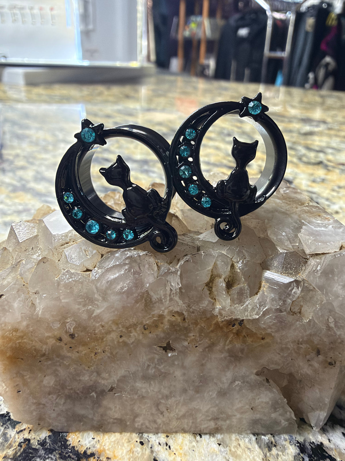 Black Cat on Crescent Moon Ear Weights – Blue Rhinestones