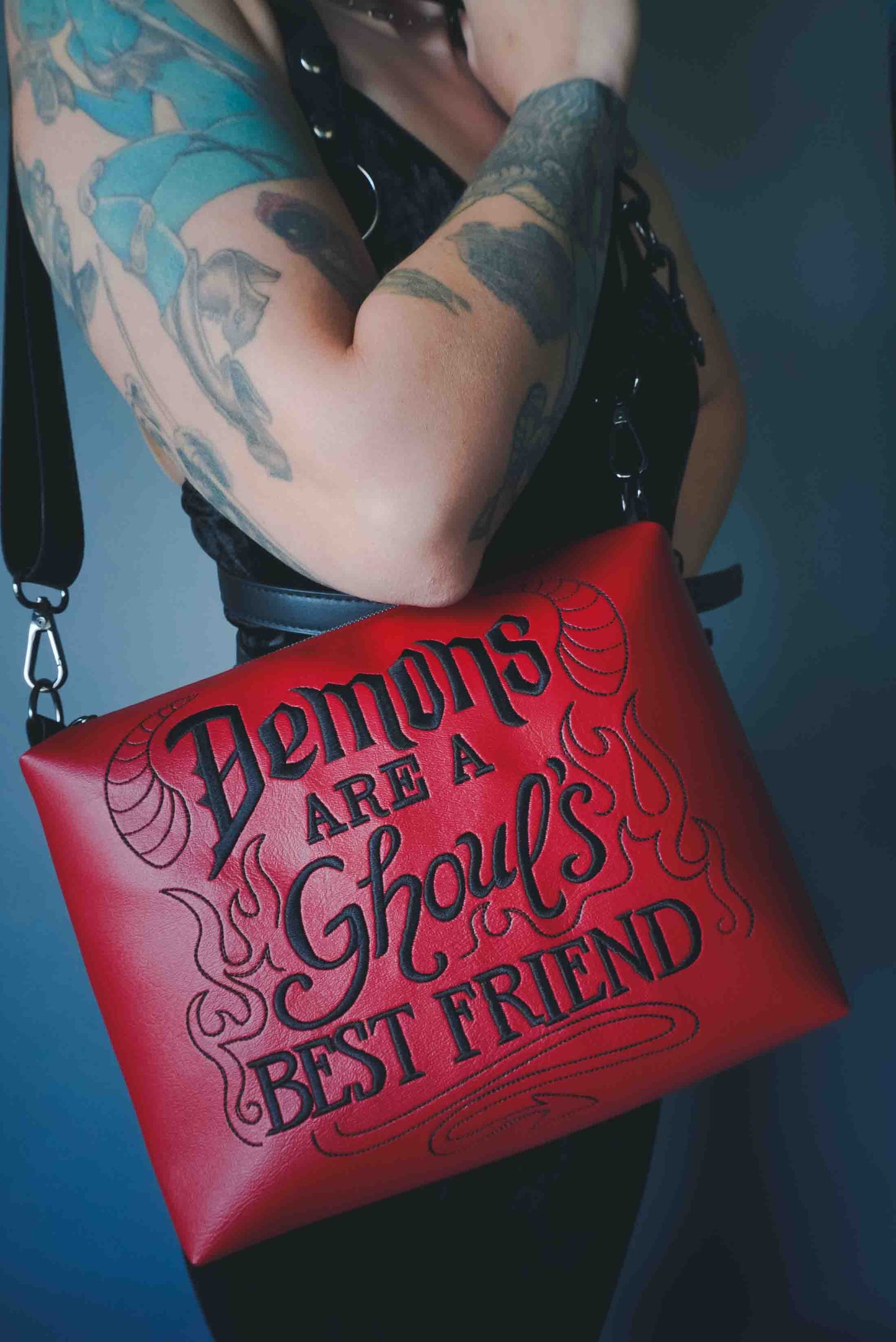 Demons are a Ghoul's Best Friend Red Medium Crossbody Bag- Vegan Leather, Detailed Embroidery, Gunmetal Hardware