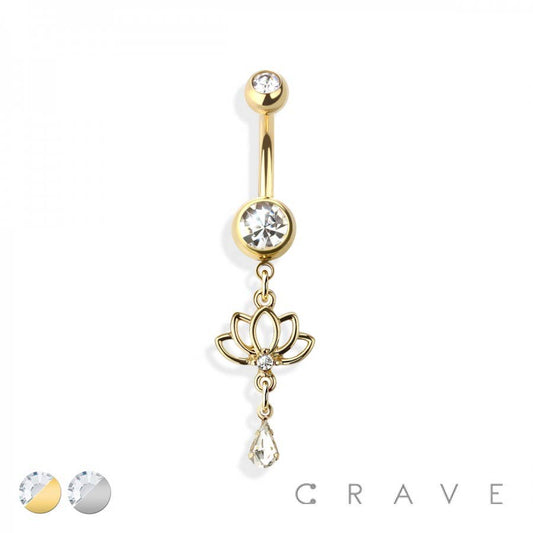 Silver Lotus Flower Dangle Belly Button Ring – 14G Surgical Steel