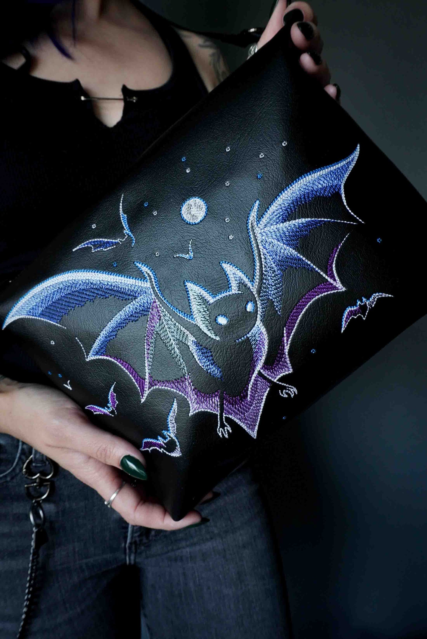 Purple and Blue Bats Black Medium Crossbody Bag - Gunmetal Hardware, Embroidered Purse, Vegan Leather
