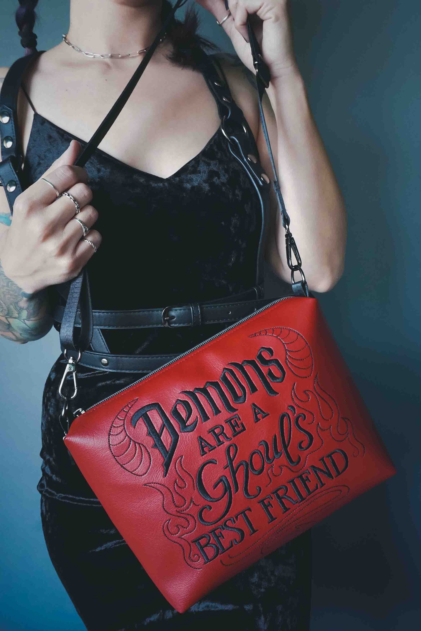 Demons are a Ghoul's Best Friend Red Medium Crossbody Bag- Vegan Leather, Detailed Embroidery, Gunmetal Hardware