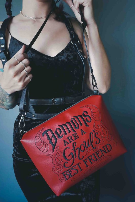 Demons are a Ghoul's Best Friend Red Medium Crossbody Bag- Vegan Leather, Detailed Embroidery, Gunmetal Hardware