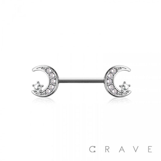 Crescent Moon & Star CZ Nipple Barbell – 14G Surgical Steel