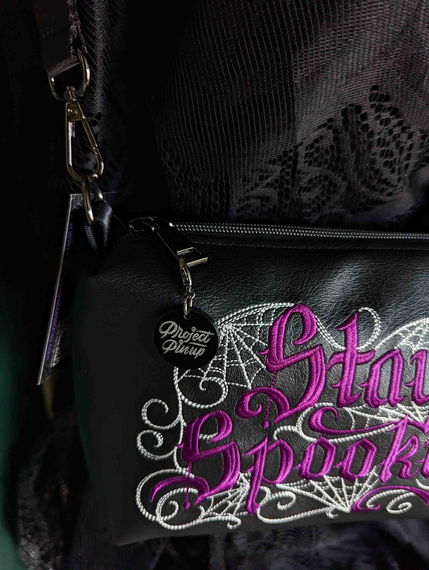 Black and Wine Stay Spooky Embroidered Small Crossbody Bag –  Handmade, Vegan Leather, Gunmetal Hardware
