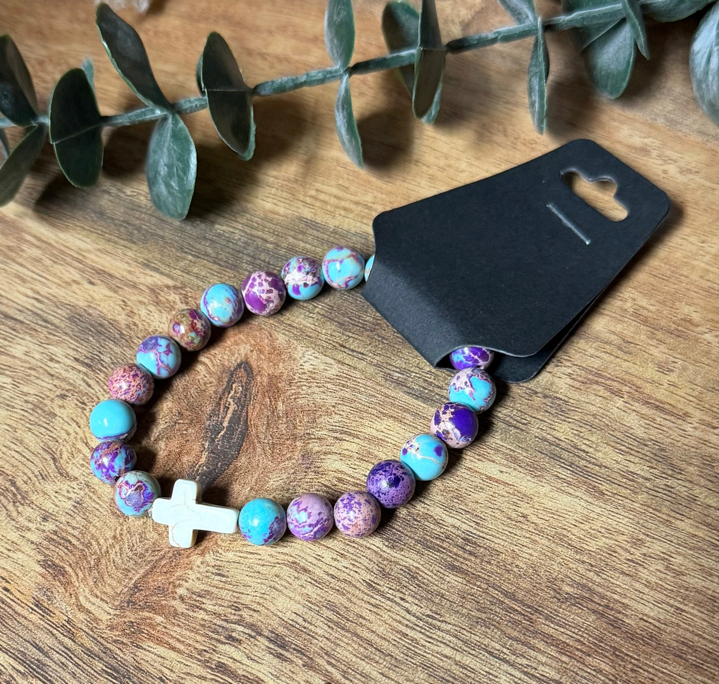 Impression Jasper Stretchy Bracelet w/White Turquoise Cross