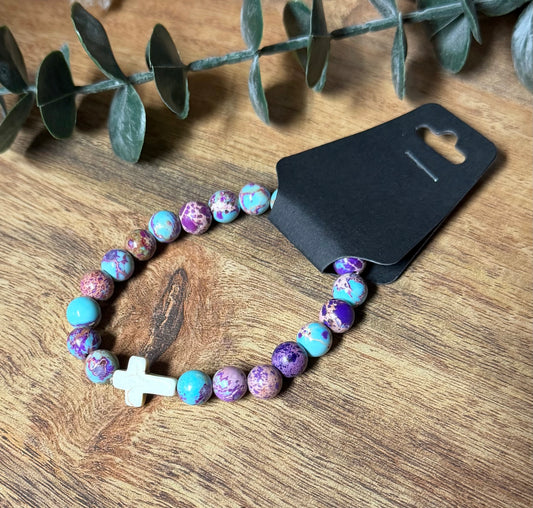 Impression Jasper Stretchy Bracelet w/White Turquoise Cross