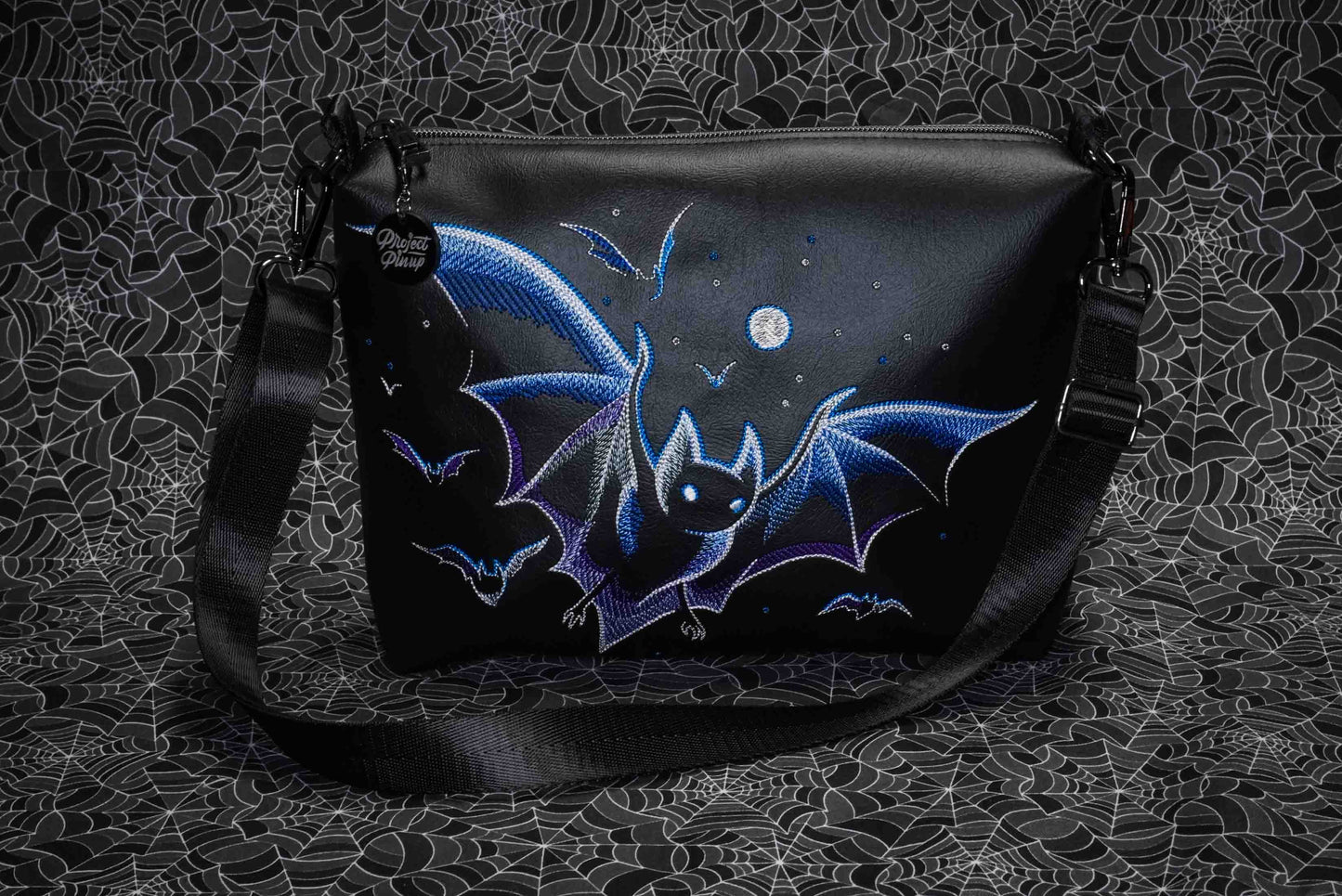 Purple and Blue Bats Black Medium Crossbody Bag - Gunmetal Hardware, Embroidered Purse, Vegan Leather